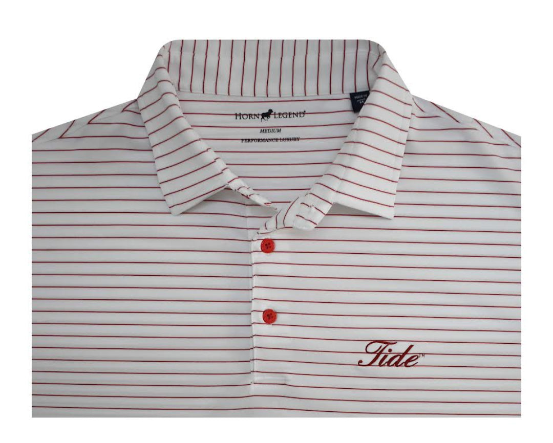 HORN LEGEND POLOS WHITE/CRIMSON / S TIDE STRIPE ACCENT BUTTON POLO