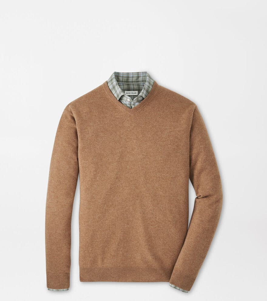 PETER MILLAR SWEATERS BRITISH TAN / M CROWN HERITAGE CASHMERE V NECK SWEATER