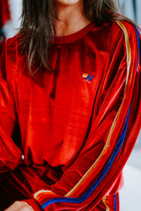 AVIATOR NATION WOMENS - OUTERWEAR - SWEATSHIRT RED / XS CLASSIC VELVET RELAXED CREW SWEATSHIRT