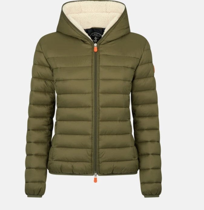 SAVE THE DUCK JACKET DUSTY OLIVE / XS Women's GWEN Faux Sheepskin Hooded Jacket